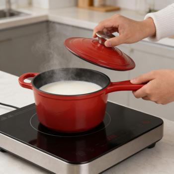 Preview: Gusseisen Stielkasserolle mit Deckel Rot, Ø 17cm, 1,6 Liter Volumen, hochwertiger Saucentopf für alle Herdarten & Induktion, 17x10 cm, 2,65kg