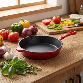 Gusseisen Pfanne Rot Ø 26,3 cm mit Ausgiesser, hochwertige Bratpfanne aus Guss für Induktion, Grillpfanne emailliert für Fleisch und Gemüse, 26 cm