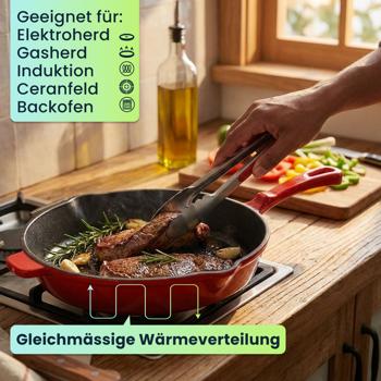 Preview: Gusseisen Pfanne Rot Ø 26,3 cm mit Ausgiesser, hochwertige Bratpfanne aus Guss für Induktion, Grillpfanne emailliert für Fleisch und Gemüse, 26 cm