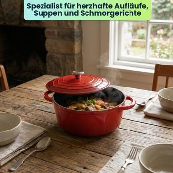 Preview: Gusseisen Topf mit Deckel 22cm Rund, Emaillierter Schmortopf 2,2L Rot, Bräter für alle Herdarten wie Induktion, Backofenfestes Kochgeschirr Profi