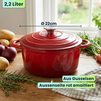 Preview: Gusseisen Topf mit Deckel 22cm Rund, Emaillierter Schmortopf 2,2L Rot, Bräter für alle Herdarten wie Induktion, Backofenfestes Kochgeschirr Profi