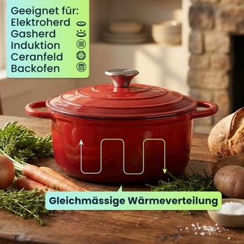 Preview: Gusseisen Topf mit Deckel 22cm Rund, Emaillierter Schmortopf 2,2L Rot, Bräter für alle Herdarten wie Induktion, Backofenfestes Kochgeschirr Profi
