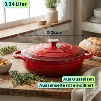 Preview: Gusseisen Topf mit Deckel 28cm Rund, Emaillierter Schmortopf 3,24L Rot, Bräter für alle Herdarten wie Induktion, Backofenfestes Kochgeschirr Profi