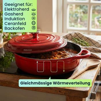 Preview: Gusseisen Topf mit Deckel 28cm Rund, Emaillierter Schmortopf 3,24L Rot, Bräter für alle Herdarten wie Induktion, Backofenfestes Kochgeschirr Profi