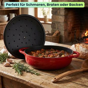 Preview: Gusseisen Topf mit Deckel 28cm Rund, Emaillierter Schmortopf 3,24L Rot, Bräter für alle Herdarten wie Induktion, Backofenfestes Kochgeschirr Profi