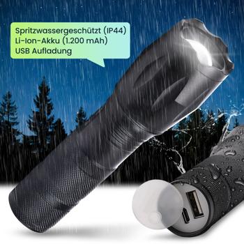 Preview: 2er-Set Wiederaufladbare Cree LED-Taschenlampe 260 lm mit Powerbank 1200mAh, 10 Watt, Lichtkegel mit Zoom, Blinklicht Modus für Notfälle Preview: 2er-Set Wiederaufladbare Cree LED-Taschenlampe 260 lm mit Powerbank 1200mAh, 10 Watt, Lichtkegel mit Zoom, Blinklicht Modus für Notfälle
