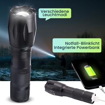 Preview: 2er-Set Wiederaufladbare Cree LED-Taschenlampe 260 lm mit Powerbank 1200mAh, 10 Watt, Lichtkegel mit Zoom, Blinklicht Modus für Notfälle Preview: 2er-Set Wiederaufladbare Cree LED-Taschenlampe 260 lm mit Powerbank 1200mAh, 10 Watt, Lichtkegel mit Zoom, Blinklicht Modus für Notfälle