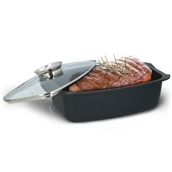 Aromabräter 5.5L – Premium Schmorbräter mit Glasdeckel & Aroma-Knopf. Perfekt für Ofen, Braten, Geflügel, Aufläufe. Spülmaschinenfest, antihaft