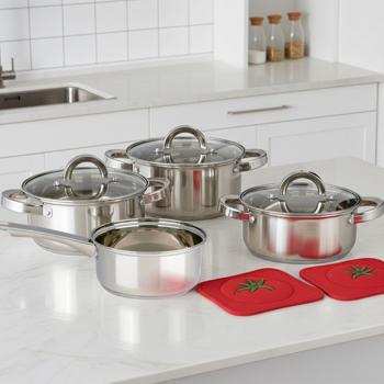 Professional 7-piece stainless steel pot set with glass lid – high-quality cooking pot set for induction & hob – gloss finish & rounded handles