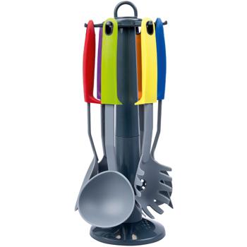 Praktisches Küchenhelfer Set 7-teilig: 6 Küchenwerkzeuge mit stabilem Drehständer, Spülmaschinenfestes Küchenutensil-Set, ergonomische Griffe für Kochen 