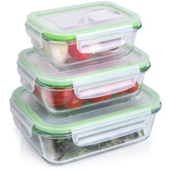 Preview: 3er-Set Borosilikatglas-Frischhaltedosen 370/640/1050 ml mit Dampfauslass – Auslaufsicher, Luftdicht, Backofen- & Mikrowellenfest, Spülmaschinenfest