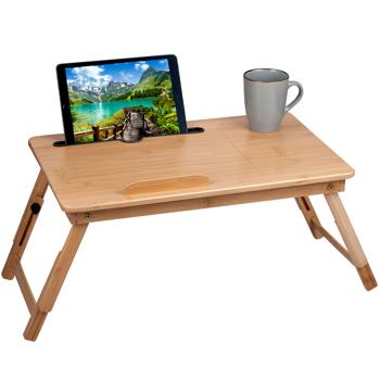 Preview: Edler Bambus Laptoptisch Klappbar, Höhenverstellbar mit Becherhalter & Tablet Schlitz – Flexibler Betttisch für Laptop, Frühstück & Essen