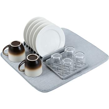 Preview: Pratico scolapiatti & tappetino gocciolatoio in microfibra super assorbente, grigio chiaro – set salvaspazio con tappetino per asciugatura rapida delle stoviglie