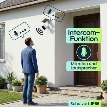 Preview: WLAN Solar Überwachungskamera Aussen 3MP, Autarke IP66 Funkkamera mit Flutlicht, App-Steuerung, PIR-Sensor & Gegensprechanlage, Weiss