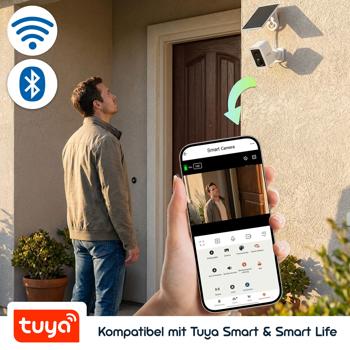 Preview: WLAN Solar Überwachungskamera Aussen 3MP, Autarke IP66 Funkkamera mit Flutlicht, App-Steuerung, PIR-Sensor & Gegensprechanlage, Weiss
