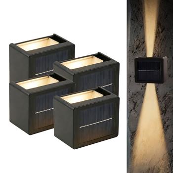 Preview: Lot de 4 appliques murales solaires LED pour extérieur : lampe de jardin blanc chaud/blanc froid avec batterie et capteur, IP44 étanche, projecteur décoratif pour clôture et mur