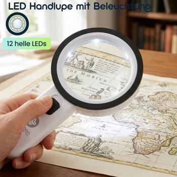 Preview: LED Handlupe mit Beleuchtung, 5-fache Vergrösserung, 80mm Glas-Linse, 12 helle LEDs, Ergonomischer Griff mit Schalter, Leselupe für Senioren