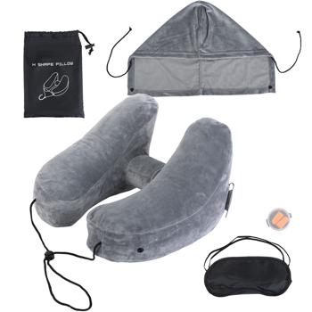 Preview: Comodo cuscino da viaggio gonfiabile forma H con cappuccio, set cuscino cervicale incl. mascherina per gli occhi e tappi per le orecchie, ideale per aereo e auto, grigio, 35x32 cm