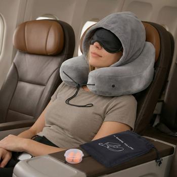Comodo cuscino da viaggio gonfiabile forma H con cappuccio, set cuscino cervicale incl. mascherina per gli occhi e tappi per le orecchie, ideale per aereo e auto, grigio, 35x32 cm