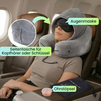 Preview: Bequemes H-Form Reisekissen aufblasbar mit Kapuze, Nackenhörnchen-Set inkl. Augenmaske & Ohrstöpsel, ideal für Flugzeug & Auto, Grau, 35x32cm