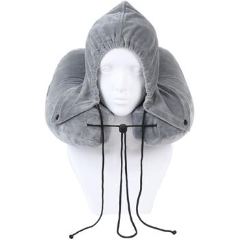 Preview: Comodo cuscino da viaggio gonfiabile forma H con cappuccio, set cuscino cervicale incl. mascherina per gli occhi e tappi per le orecchie, ideale per aereo e auto, grigio, 35x32 cm