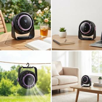 Preview: Ventilateur à batterie avec affichage numérique : ventilateur de table, 5 niveaux, USB‑C, ventilateur portable avec crochet – idéal pour home office, bureau, camping et voyage