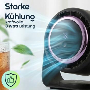 Preview: Akku Ventilator mit Digitalanzeige: Tischventilator, 5 Stufen, USB-C, tragbares Gebläse mit Haken - ideal für Home Office, Büro, Camping & Reisen