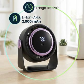 Preview: Akku Ventilator mit Digitalanzeige: Tischventilator, 5 Stufen, USB-C, tragbares Gebläse mit Haken - ideal für Home Office, Büro, Camping & Reisen