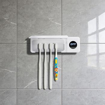 Preview: Porte‑brosse à dents UV : stérilisateur hygiénique pour 4 brosses, montage mural sans perçage, batterie USB, LCD & séchage, blanc, 22 cm