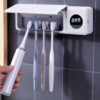Preview: Porte‑brosse à dents UV : stérilisateur hygiénique pour 4 brosses, montage mural sans perçage, batterie USB, LCD & séchage, blanc, 22 cm