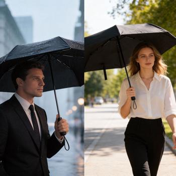 Preview: Compact automatic umbrella in black – Ø 95 cm – Wind-resistant pocket umbrella with fibreglass ribs & protective sleeve – Quick-drying & durable