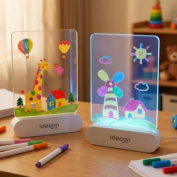 Set of 2 Creative LED Acrylic Drawing Boards for Children: Wireless DIY Lamp with Battery & 7 Coloured Pencils – The perfect glowing gift for little artists 22 x 15 cm