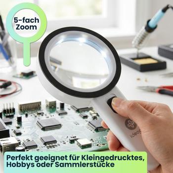 Preview: 2er-Set LED Handlupe mit Beleuchtung, 5-fache Vergrösserung, 80mm Glas-Linse, 12 helle LEDs, Ergonomischer Griff mit Schalter, Leselupe für Senioren