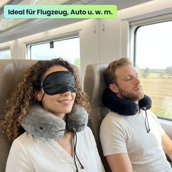 Preview: 2er-Set Bequemes H-Form Reisekissen aufblasbar mit Kapuze, Nackenhörnchen-Set inkl. Augenmaske & Ohrstöpsel, ideal für Flugzeug & Auto, Grau, 35x32cm