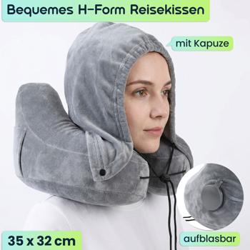 Preview: 2er-Set Bequemes H-Form Reisekissen aufblasbar mit Kapuze, Nackenhörnchen-Set inkl. Augenmaske & Ohrstöpsel, ideal für Flugzeug & Auto, Grau, 35x32cm