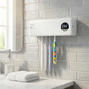 Preview: Set of 2 UV toothbrush holders: hygienic steriliser for 4 brushes, wall mounting without drilling, USB battery, LCD & drying, white, 22 cm