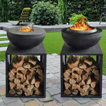 Preview: Hochwertige 2-in-1 Feuerschale mit Grillfunktion und Holzfach, raucharm - Luxus Outdoor Feuerstelle & Plancha Grill: Perfekt für Garten & Terrasse