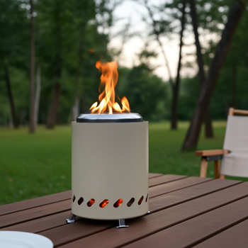 Kompaktes Tischfeuer Edelstahl, Beige - raucharm, Holzpellets/Feuerholz; stilvoller Tischkamin fürs Balkon, Terrasse & Camping inkl. Tragetasche
