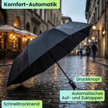Preview: 2er-Set Kompakter Automatik-Regenschirm in Schwarz - Ø 95cm - Windfester Taschenschirm mit Fiberglas-Rippen & Schutzhülle - Schnelltrocknend & Robust