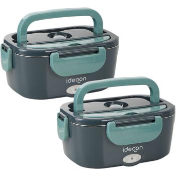 Preview: Lot de 2 lunchbox électriques 60W – chauffe-plats en acier inoxydable 1,5L (12V/24V) & prise secteur – incl. sac isotherme, couverts en acier inoxydable & boîte supplémentaire 375ml