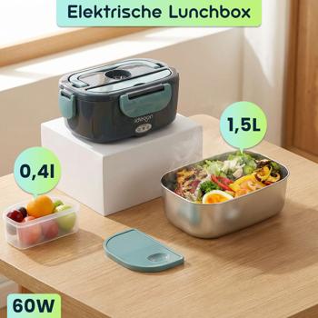 Preview: 2er-Set Elektrische Lunchbox 60W – 1,5L Edelstahl Speisenwärmer (12V/24V) & Steckdose – Inkl. Isoliertasche, Edelstahl-Besteck & 375ml Zusatzdose