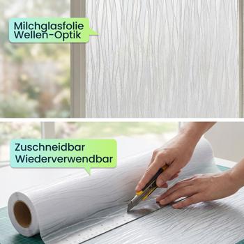 Preview: 3D Sichtschutzfolie Wellendesign für Fenster 45x200 cm - Statisch haftende Blickschutzfolie mit UV-Schutz  - Wiederverwendbare Dekofolie