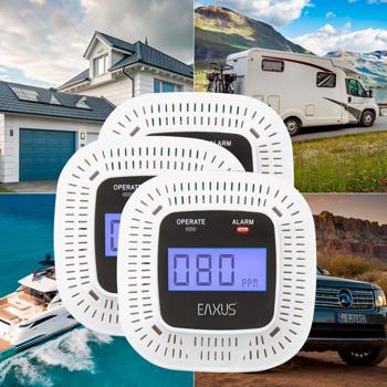 Set of 3 digital carbon monoxide detectors, CO alarms with LCD display, visual & acoustic warning signal, DIN EN 50291 certified