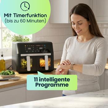 Preview: Doppelkorb Heissluftfritteuse 9L Dual Zone Air Fryer – 2x 4,5L Körbe mit Sichtfenster 2400W – LED Touch Display – XXL Heissluft Fritteuse Doppelkammer