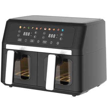 Preview: Dual-basket 9L hot air fryer Dual Zone Air Fryer – 2 x 4.5L baskets with viewing window 2400W – LED touch display – XXL dual-chamber hot air fryer
