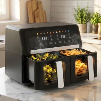 Dual-basket 9L hot air fryer Dual Zone Air Fryer – 2 x 4.5L baskets with viewing window 2400W – LED touch display – XXL dual-chamber hot air fryer