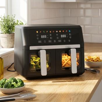 Preview: Dual-basket 9L hot air fryer Dual Zone Air Fryer – 2 x 4.5L baskets with viewing window 2400W – LED touch display – XXL dual-chamber hot air fryer