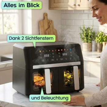 Preview: Doppelkorb Heissluftfritteuse 9L Dual Zone Air Fryer – 2x 4,5L Körbe mit Sichtfenster 2400W – LED Touch Display – XXL Heissluft Fritteuse Doppelkammer