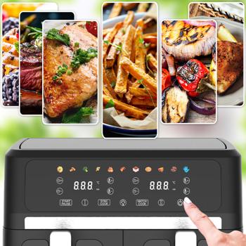 Preview: Doppelkorb Heissluftfritteuse 9L Dual Zone Air Fryer – 2x 4,5L Körbe mit Sichtfenster 2400W – LED Touch Display – XXL Heissluft Fritteuse Doppelkammer