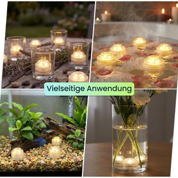 Preview: 4er-Set LED-Teelichter warmweiss, IP68 wasserdicht für Pool, Badewanne, Dekoschale, Unterwasser-Licht, Garten-Deko - tauchbar & stimmungsvoll